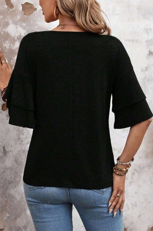 V Neck Ruffle Sleeve Knit Top