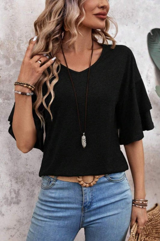 V Neck Ruffle Sleeve Knit Top