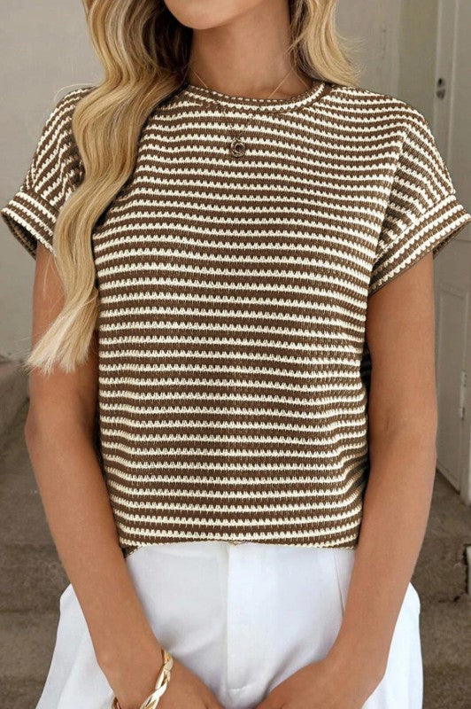 Lightweight Striped Knit Short Sleeve Top