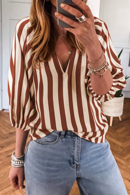 Stripe V Neck Half Sleeve Top