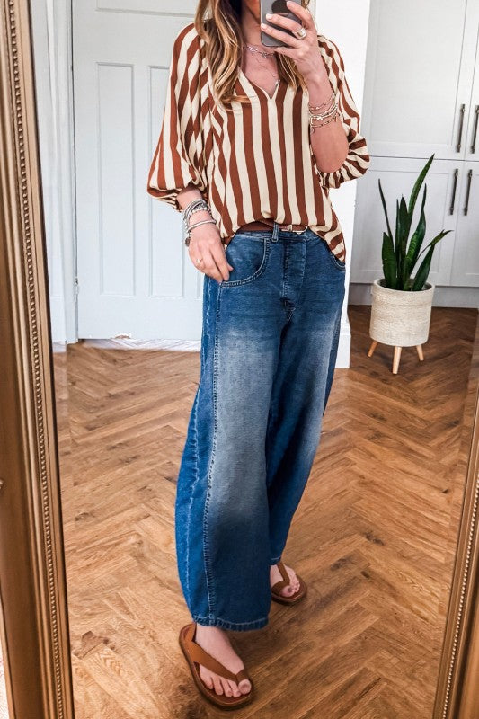 Stripe V Neck Half Sleeve Top