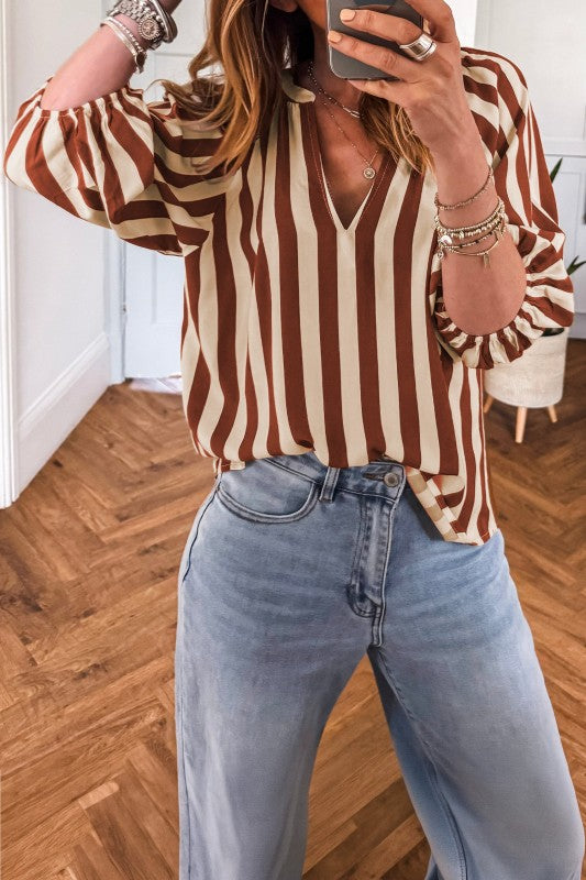 Stripe V Neck Half Sleeve Top