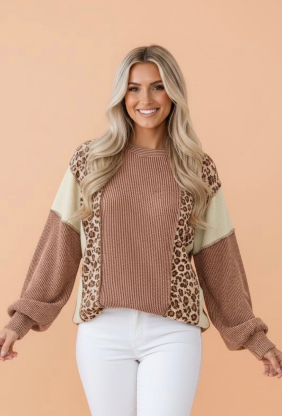 Leopard Color Block Long Sleeve Knit Top